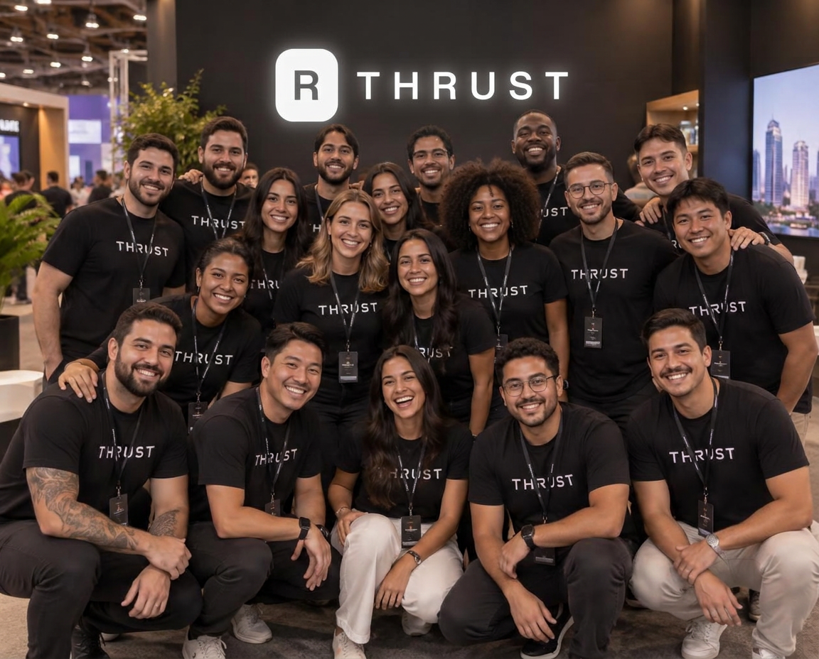 Time da Thrust reunido no stand da empresa, com a logo da Thrust ao fundo
